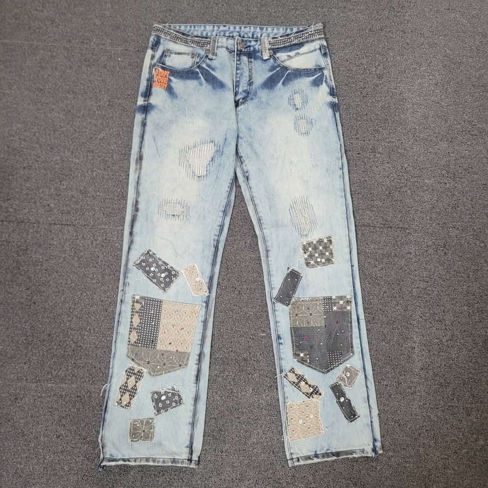 Unbranded Size 34 Patchwork Jeans Mens Acid Wash Distressed Rhinestone Street